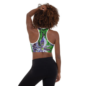 Purple and Green Flowers with Green Hearts SFG | Women's Fine Art Padded Sports Bra