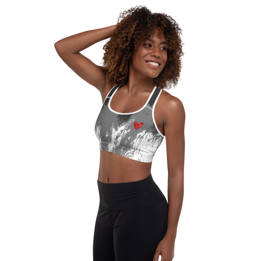 Fluid Mahogany Grey and White with Hearts | Women's Fine Art Sports Bra