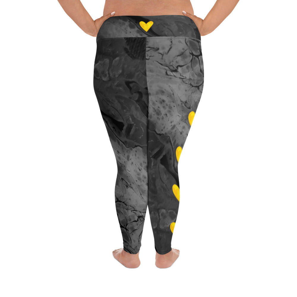 Optimism - Fluid Dark Grey with Yellow Hearts | Women's Fine Art High-Waist Leggings
