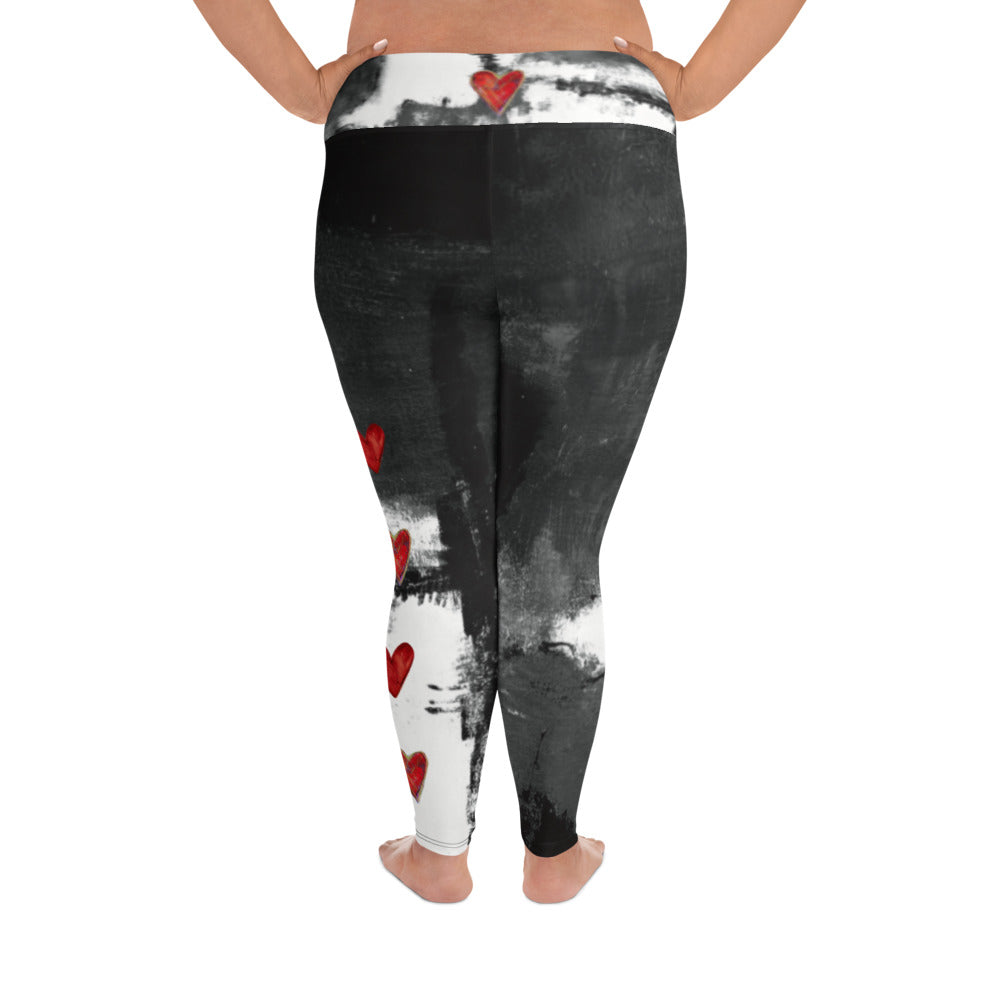 Abstract Woman Black and White with Red Hearts | Women's Fine Art High-Waist Leggings