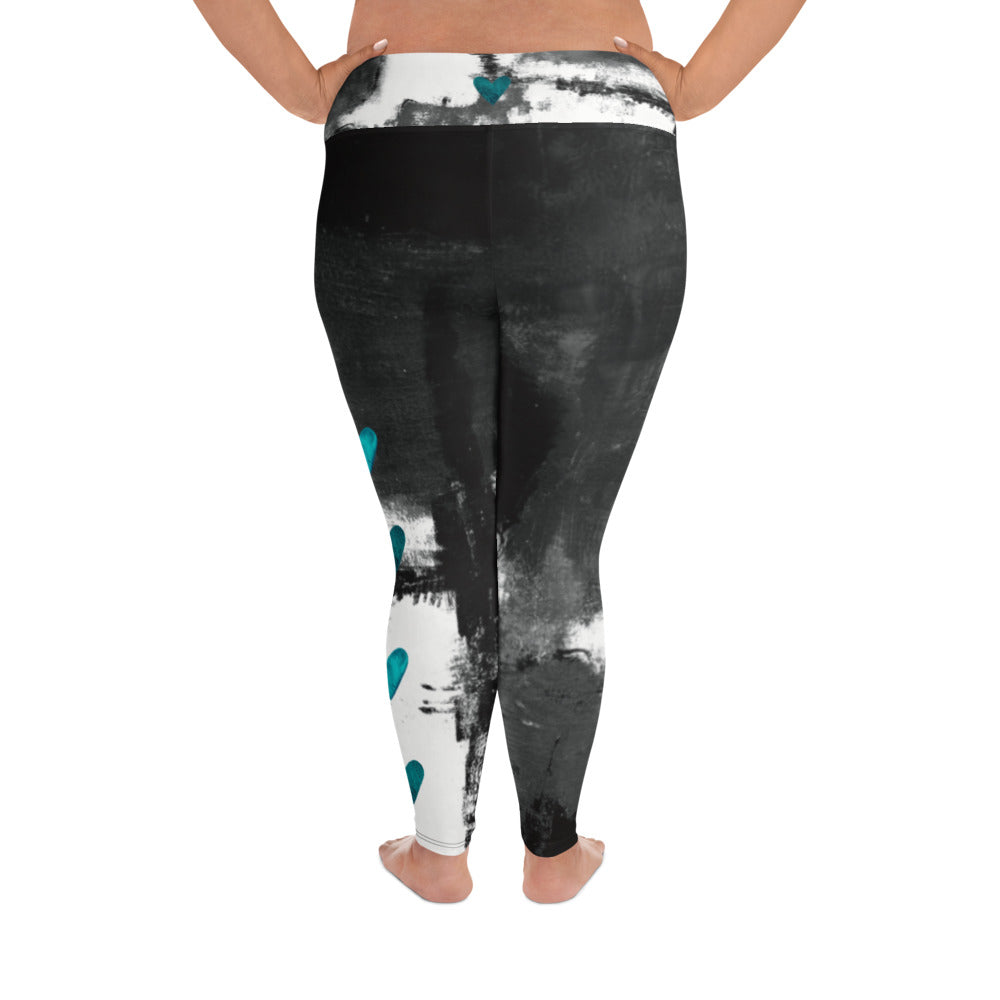 Abstract Woman Black and White with Turquoise Hearts | Women's Fine Art High-Waist Leggings