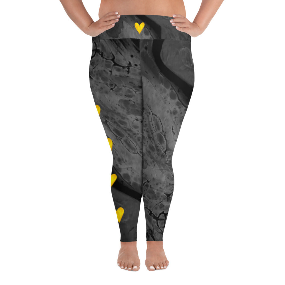 Optimism - Fluid Dark Grey with Yellow Hearts | Women's Fine Art High-Waist Leggings