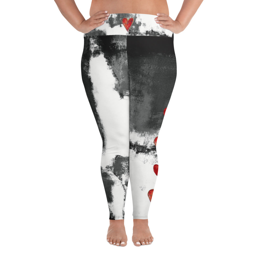 Abstract Woman Black and White with Red Hearts | Women's Fine Art High-Waist Leggings