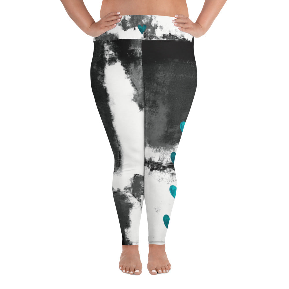 Abstract Woman Black and White with Turquoise Hearts | Women's Fine Art High-Waist Leggings