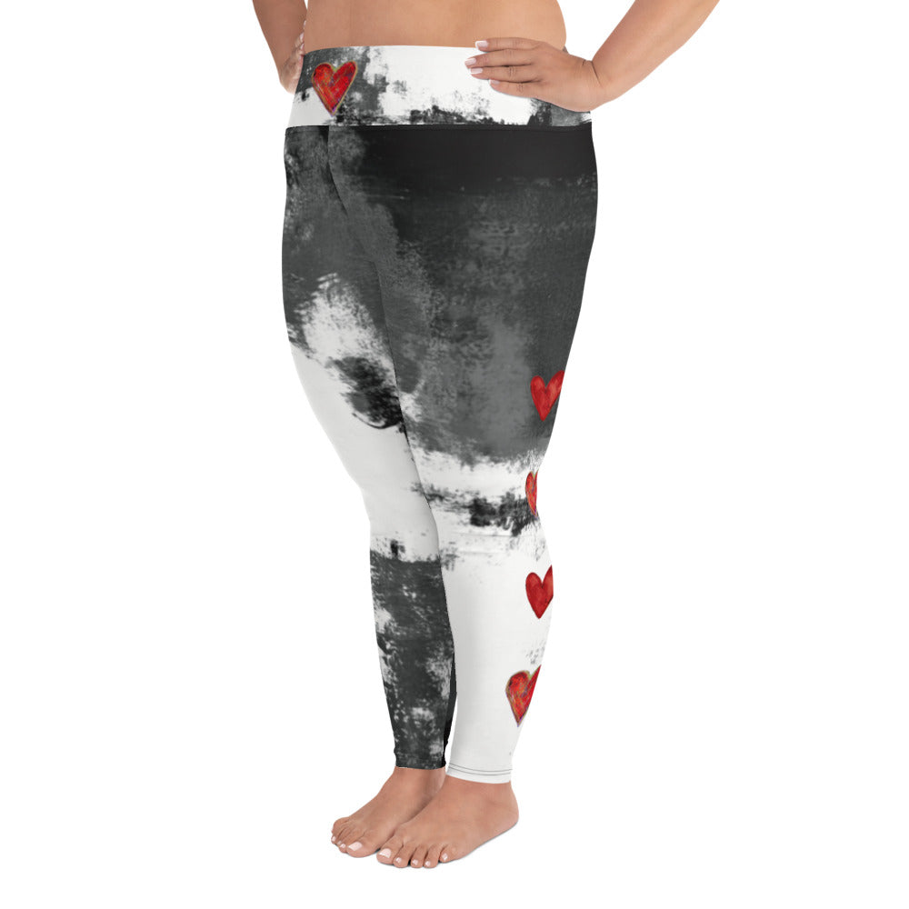 Abstract Woman Black and White with Red Hearts | Women's Fine Art High-Waist Leggings