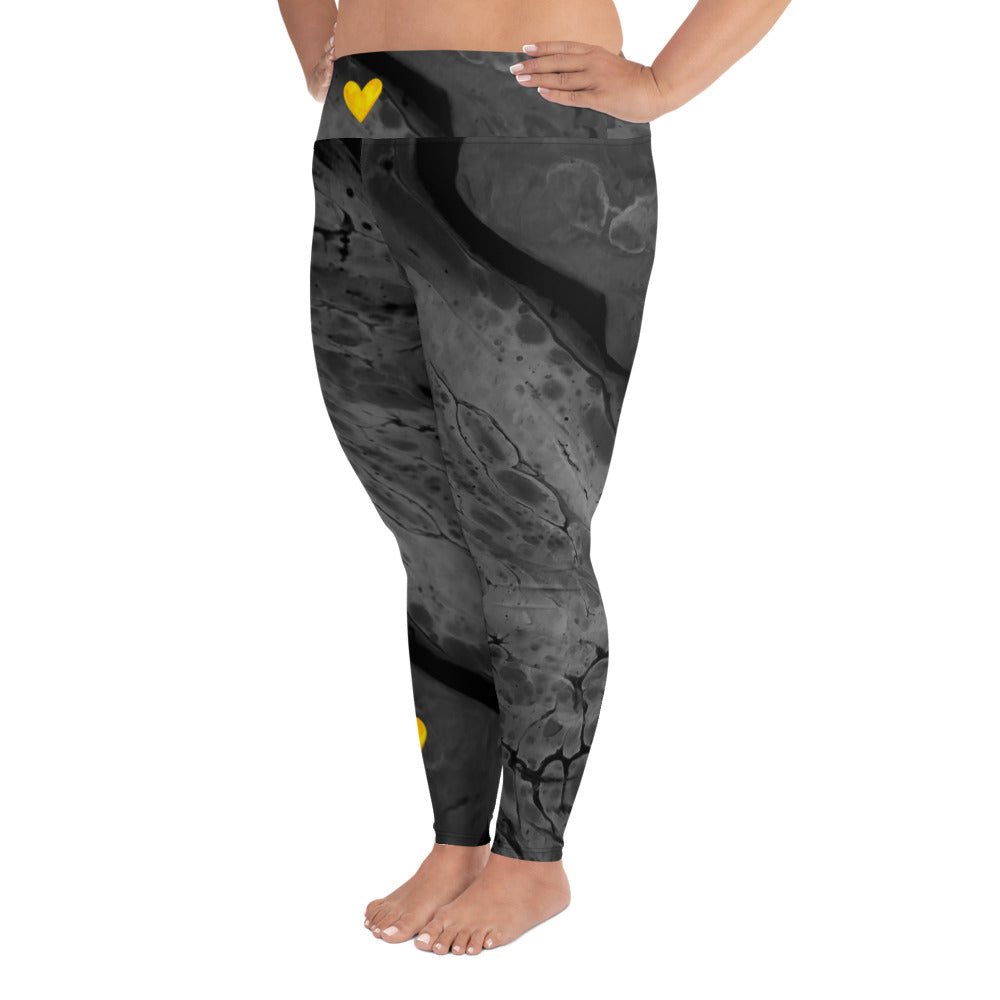 Optimism - Fluid Dark Grey with Yellow Hearts | Women's Fine Art High-Waist Leggings