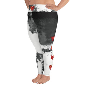 Abstract Woman Black and White with Red Hearts | Women's Fine Art High-Waist Leggings