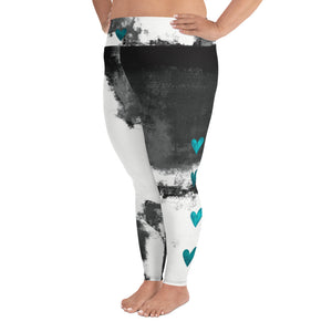 Abstract Woman Black and White with Turquoise Hearts | Women's Fine Art High-Waist Leggings