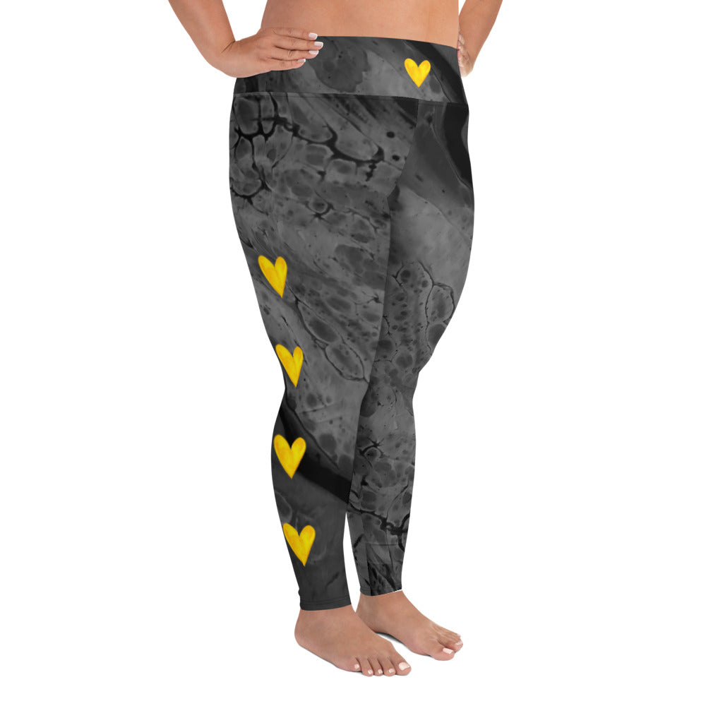 Optimism - Fluid Dark Grey with Yellow Hearts | Women's Fine Art High-Waist Leggings