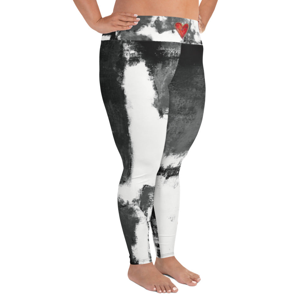 Abstract Woman Black and White with Red Hearts | Women's Fine Art High-Waist Leggings