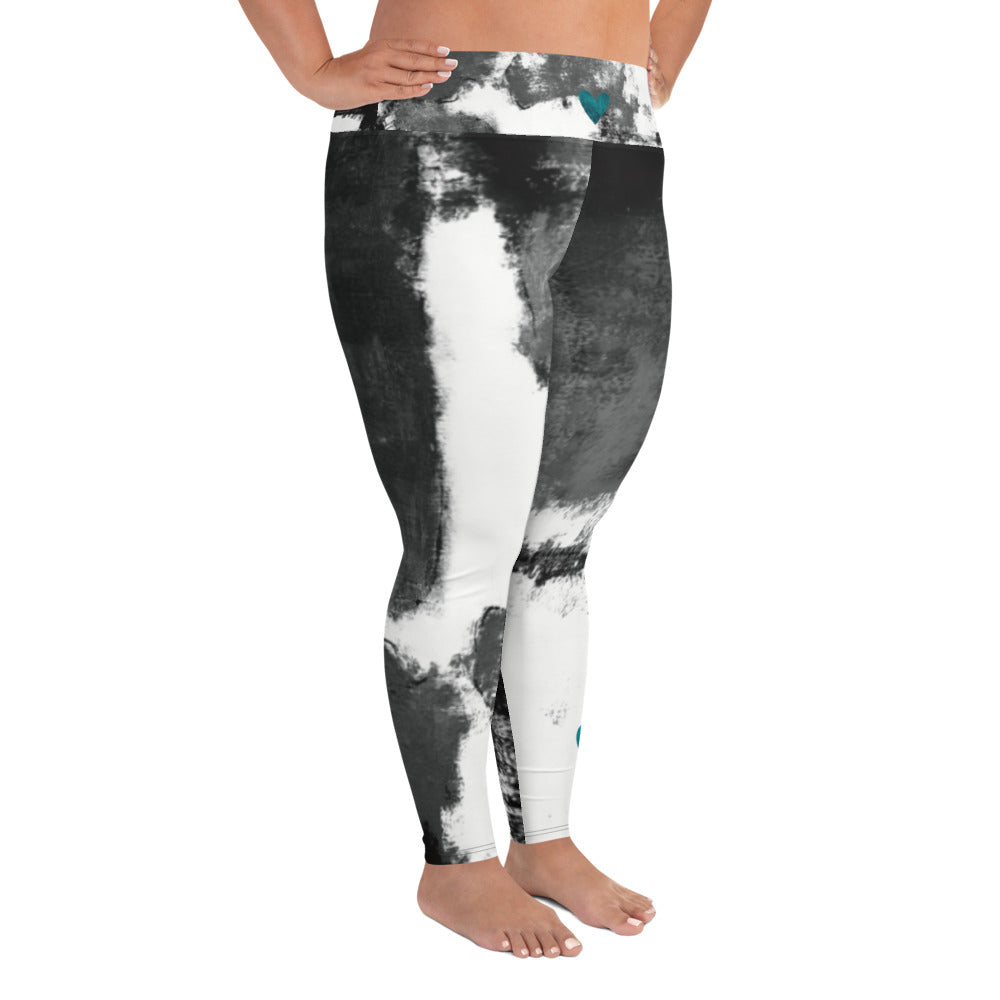 Abstract Woman Black and White with Turquoise Hearts | Women's Fine Art High-Waist Leggings