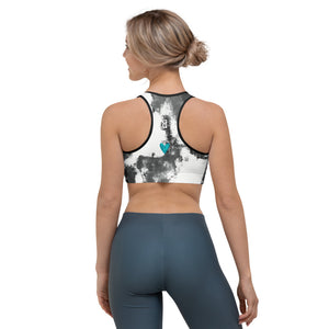 Abstract Woman Black and White with Turquoise Hearts | Women's Fine Art Sports Bra
