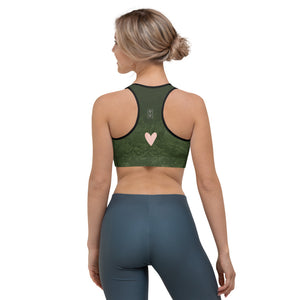 Fluid Military Green with Blush Hearts | Women's Fine Art Sports Bra