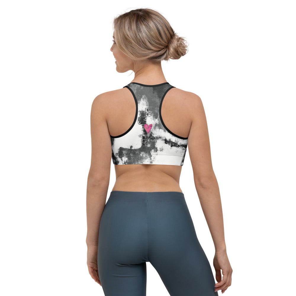 Abstract Woman Black and White with Hearts | Women's Fine Art Padded Sports Bra