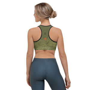 Fluid Military Green with Paprika Stars | Women's Fine Art Sports Bra