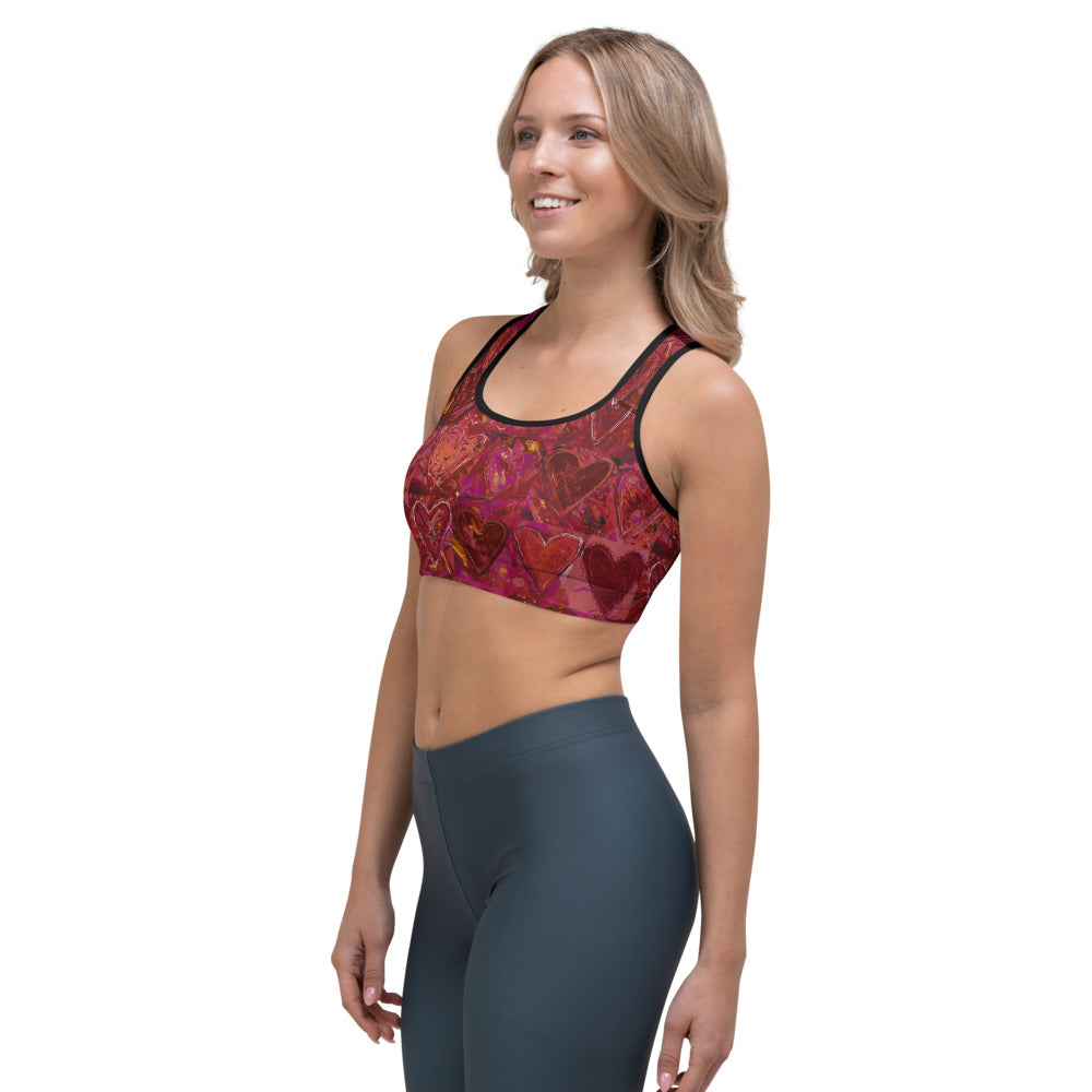 Hearts Without Borders Red and Dark Purple | Women's Fine Art Sports Bra
