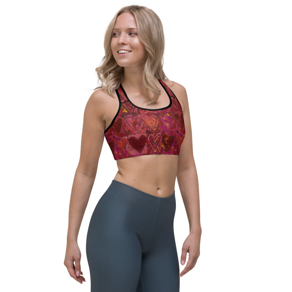 Hearts Without Borders Red and Dark Purple | Women's Fine Art Sports Bra