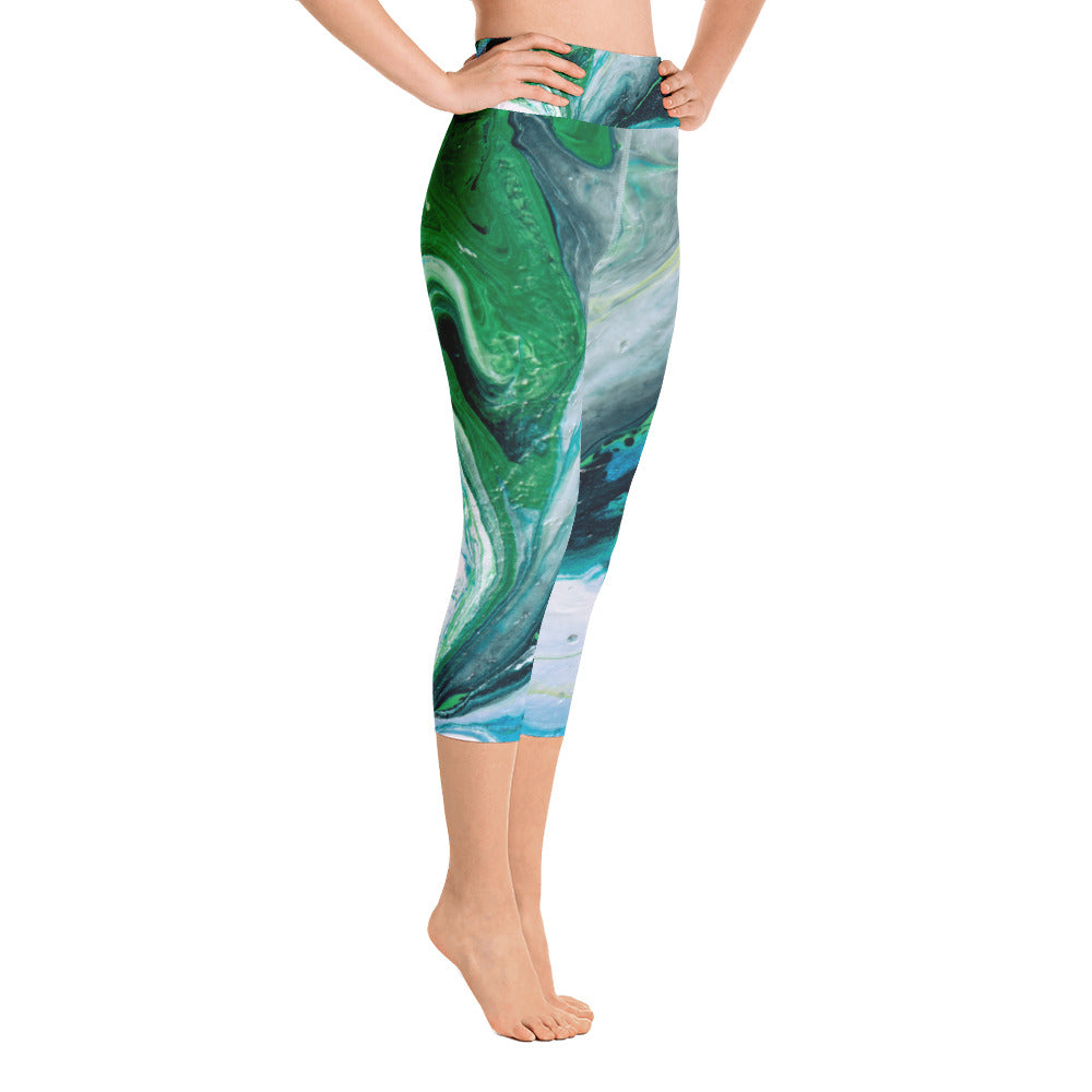 Fluid Green Swirls | Women's Fine Art High-Waist Capris