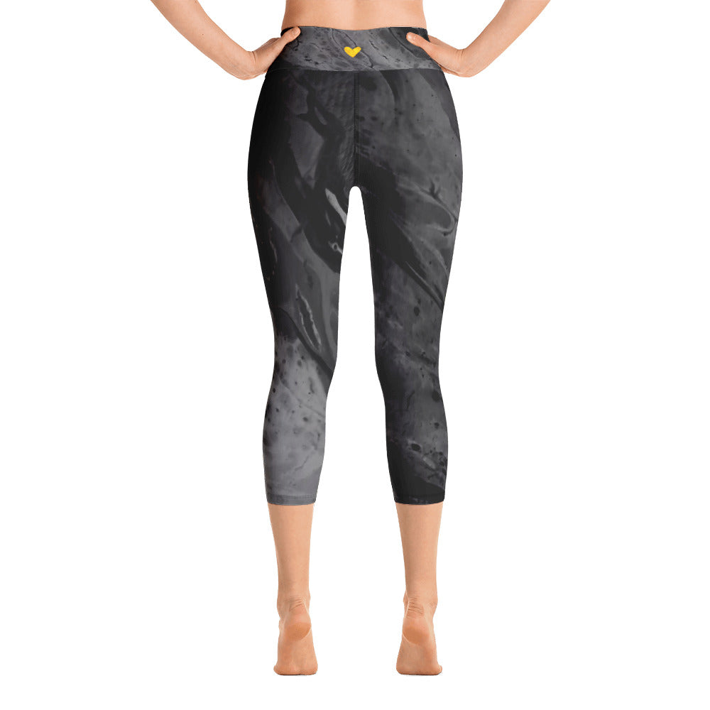 Optimism - Fluid Dark Grey with Yellow Hearts | Women's Fine Art High-Waist Capris
