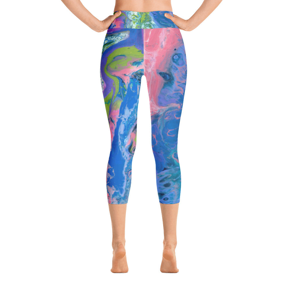 Fluid Coral and Blue | Women's Fine Art High-Waist Capris