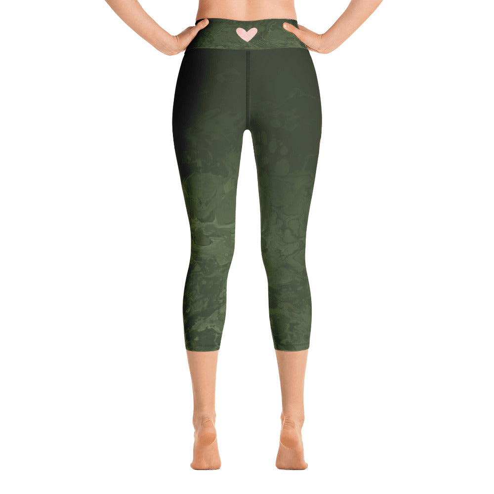 Fluid Military Green with Blush Hearts | Women's Fine Art High-Waist Capris