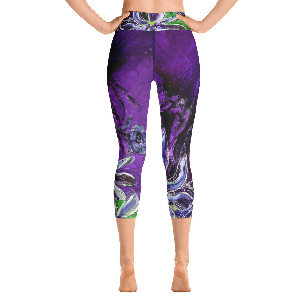 Purple and Green Flowers with Green Hearts SFG | Women's Fine Art High-Waist Capris
