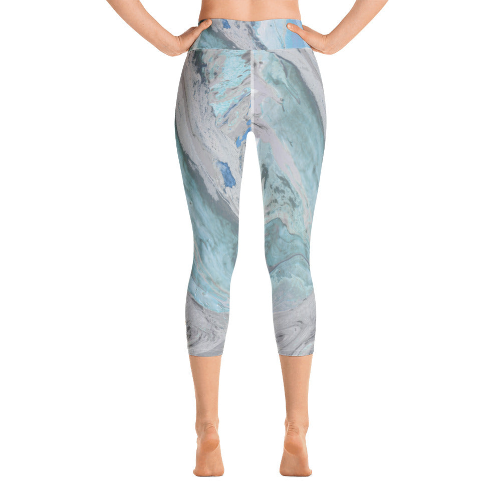 Fluid Aqua and Grey | Women's Fine Art High-Waist Capris
