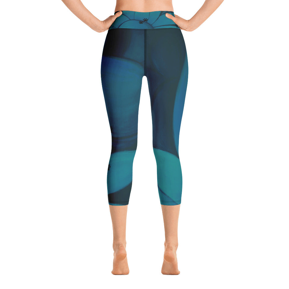 Flower on Teal - Vintage Paws | Women's Fine Art High-Waist Capris
