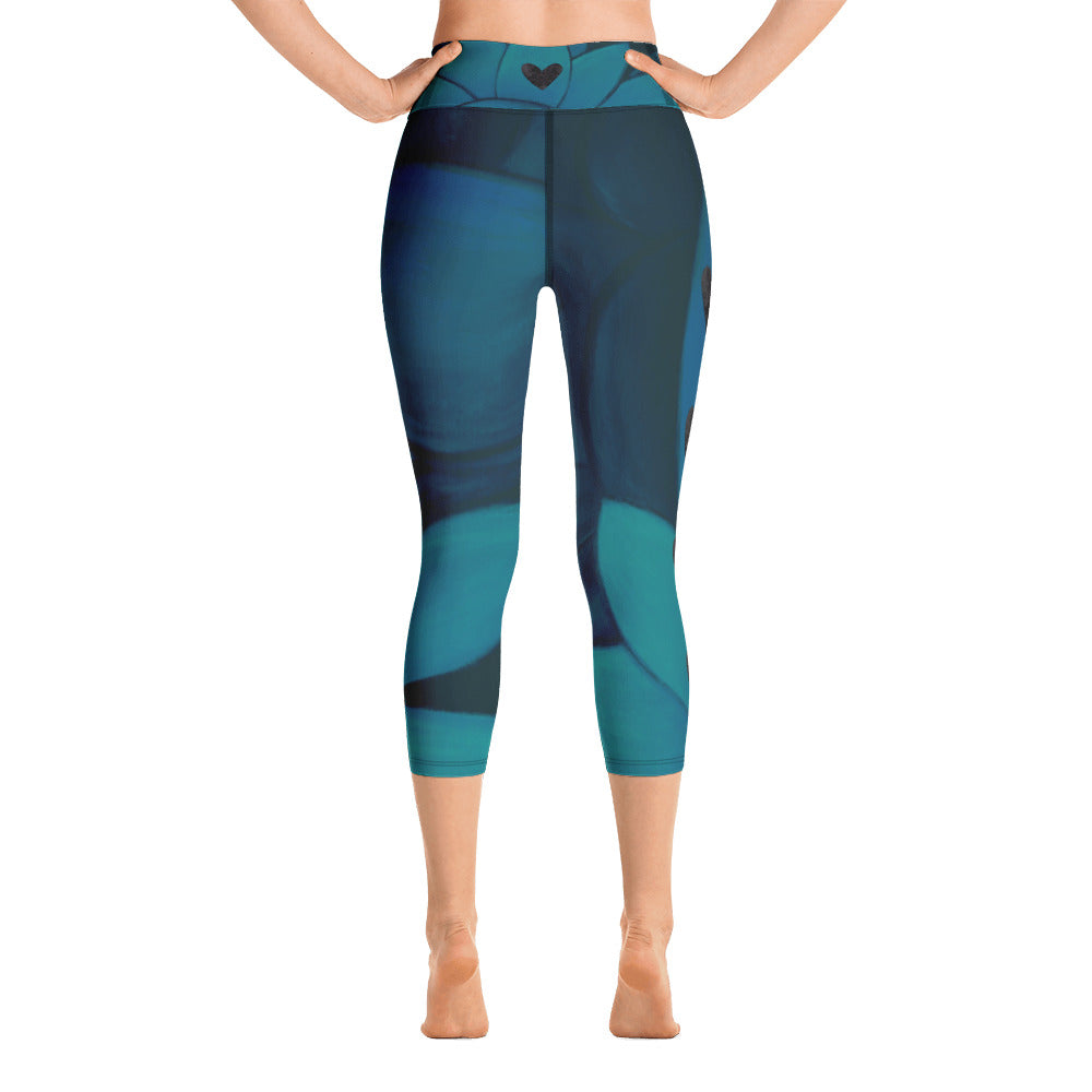 Flower on Teal with Black Hearts | Women's Fine Art High-Waist Capris