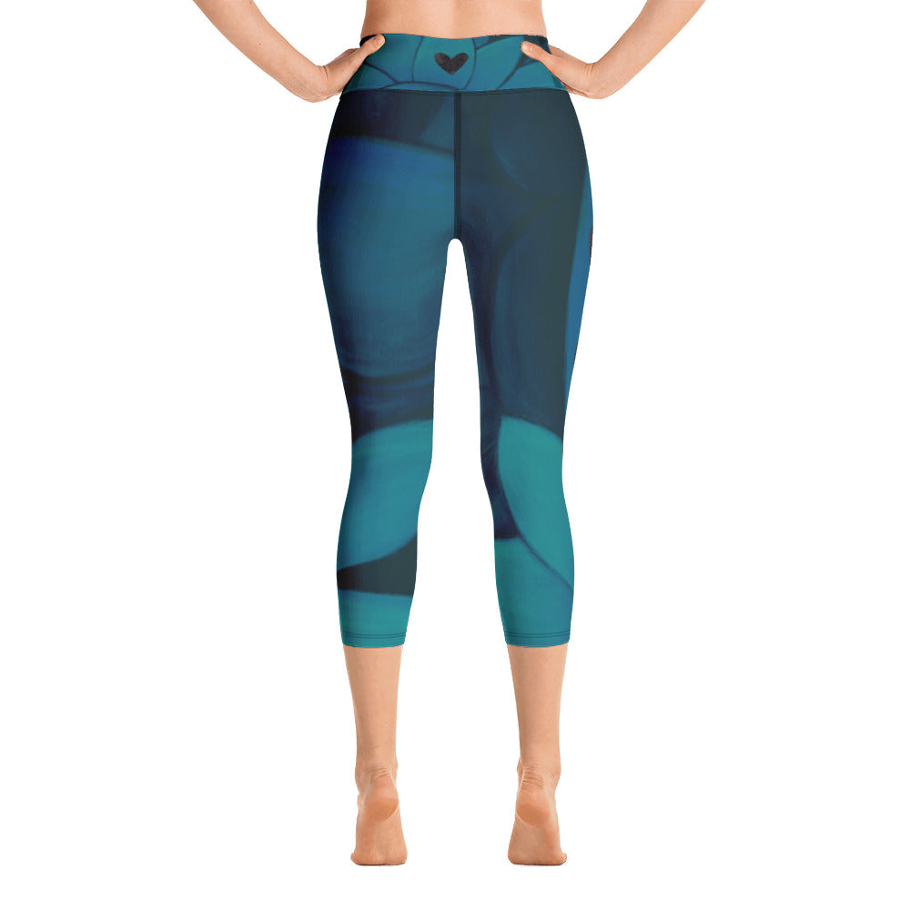 Flower on Teal with Black Hearts | Women's Fine Art High-Waist Capris