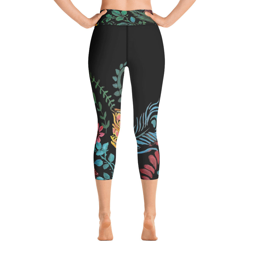 Flowers & More on Black | Women's Fine Art High-Waist Capris