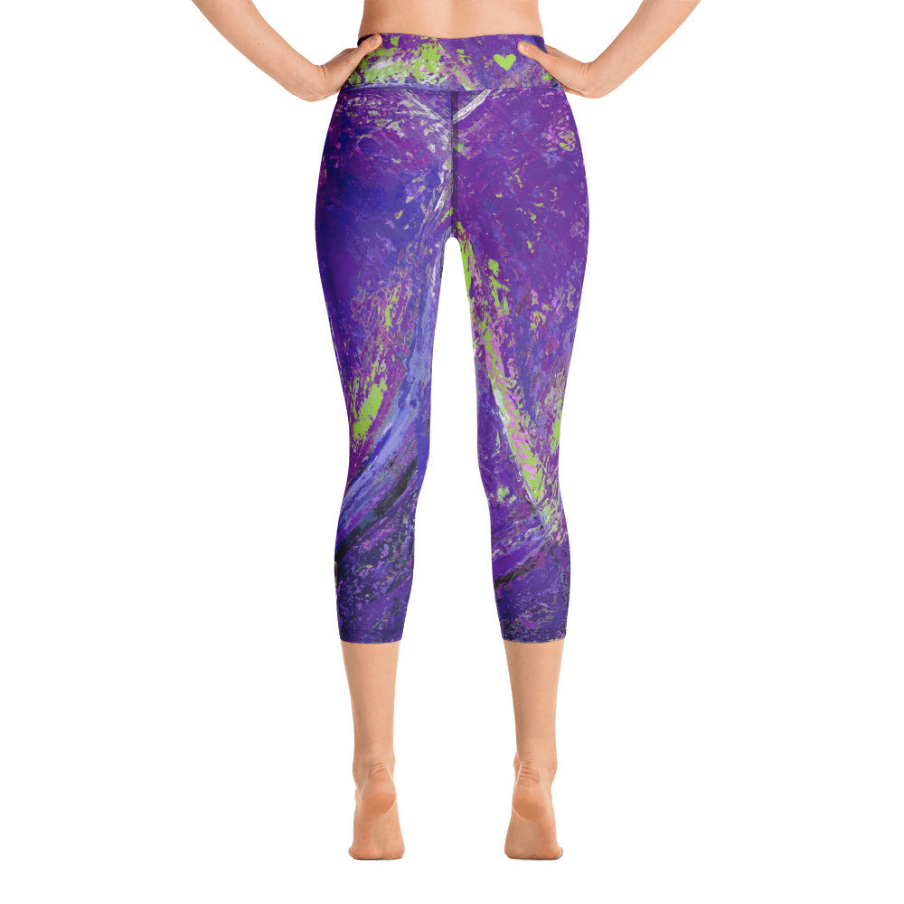 Coral Heart Purple and Lime with Green Hearts SFG | Women's Fine Art High-Waist Capris
