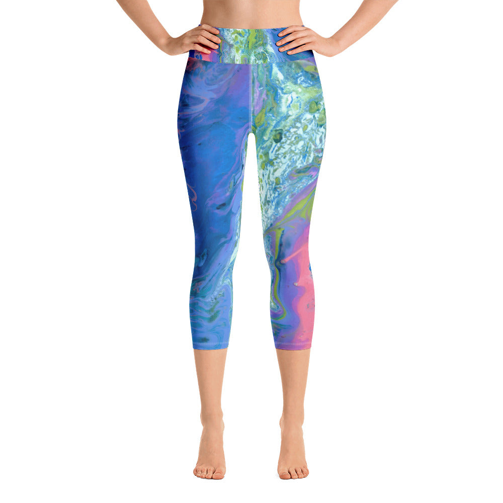 Fluid Coral and Blue | Women's Fine Art High-Waist Capris