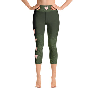 Fluid Military Green with Blush Hearts | Women's Fine Art High-Waist Capris