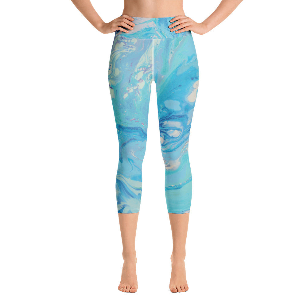 Fluid Light Blue and Grey | Women's Fine Art High-Waist Capris