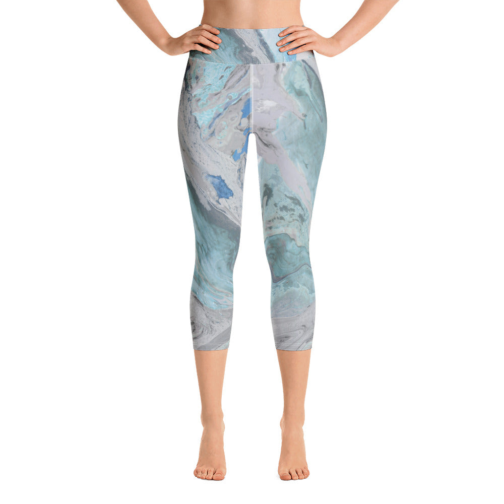 Fluid Aqua and Grey | Women's Fine Art High-Waist Capris