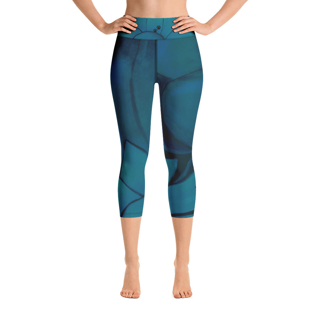 Flower on Teal - Vintage Paws | Women's Fine Art High-Waist Capris