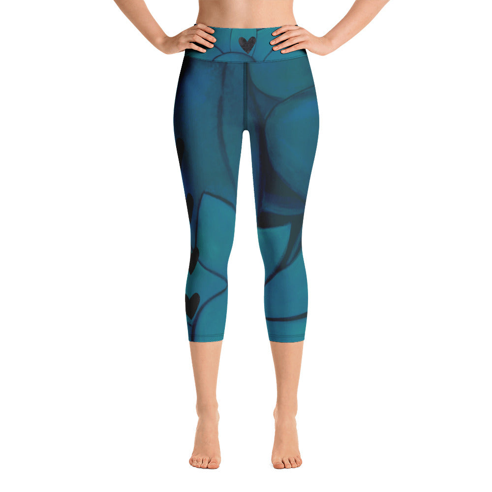 Flower on Teal with Black Hearts | Women's Fine Art High-Waist Capris