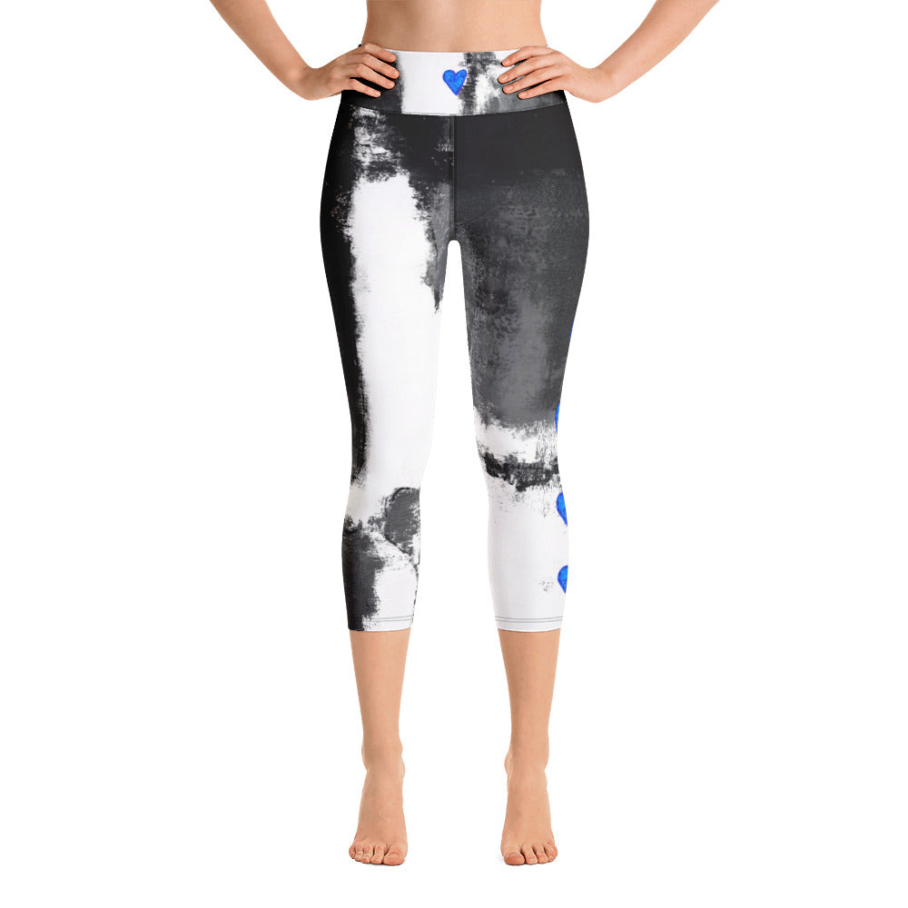 Abstract Woman Black and White with Red Hearts, Women's Fine Art High-Waist  Capris