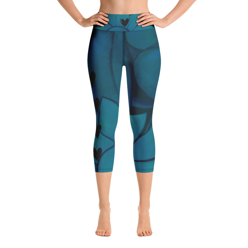 Flower on Teal with Black Hearts | Women's Fine Art High-Waist Capris