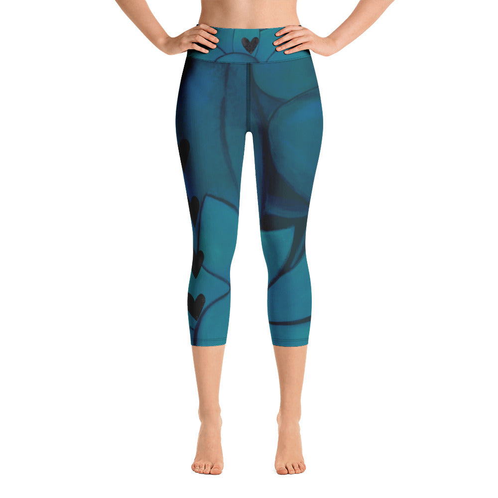 Flower on Teal with Black Hearts | Women's Fine Art High-Waist Capris