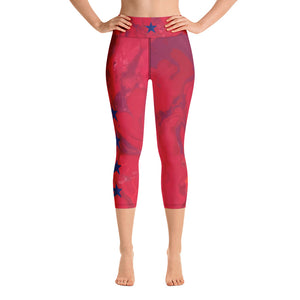 Hibiscus with Navy Stars | Women's Fine Art High-Waist Capris