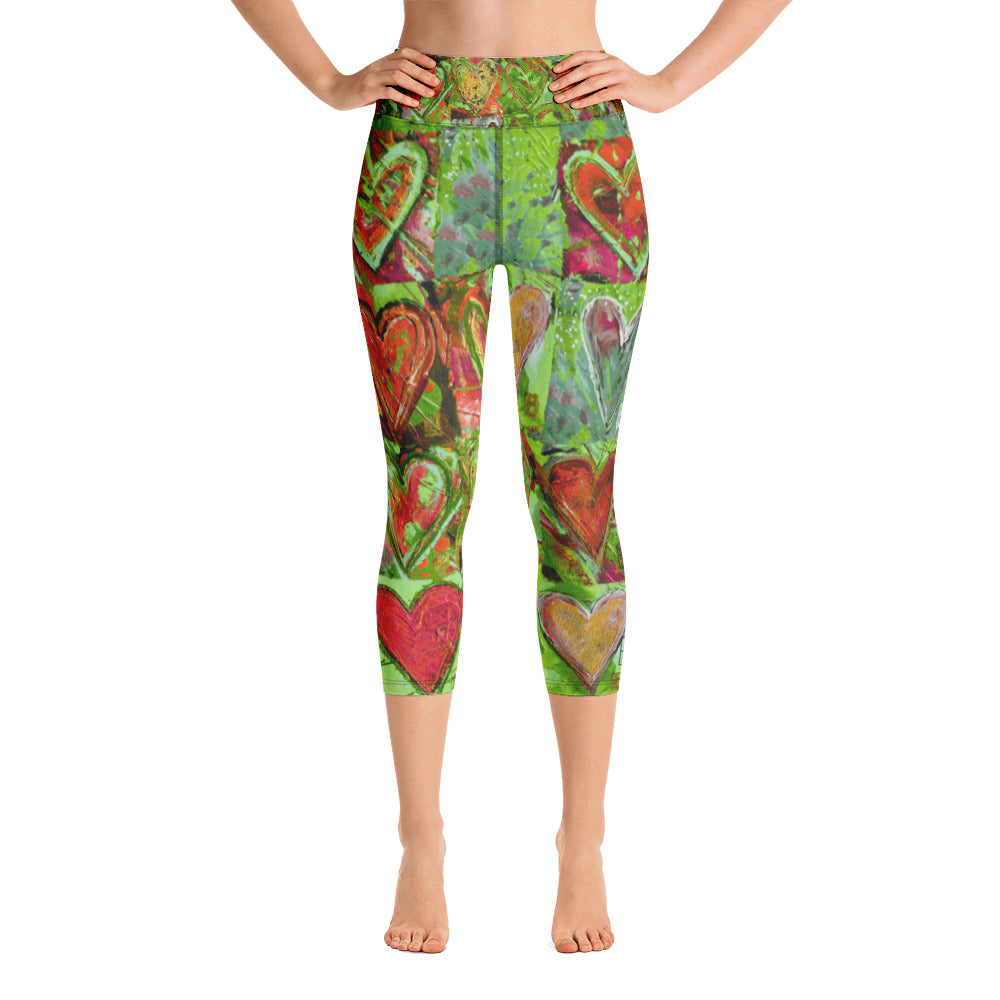 Hearts without Borders Red & Green | Women's Fine Art High-Waist Capris
