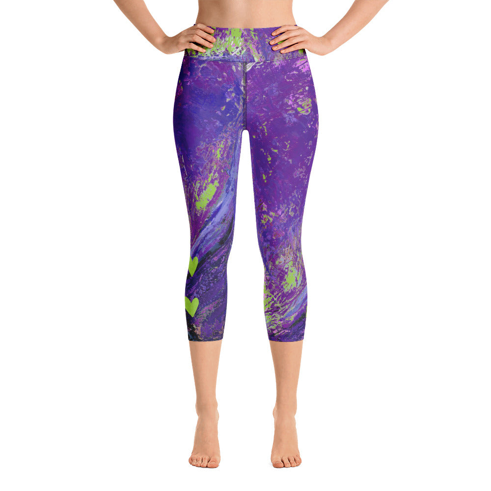Coral Heart Purple and Lime with Green Hearts SFG Women's Fine Art High-Waist Capris