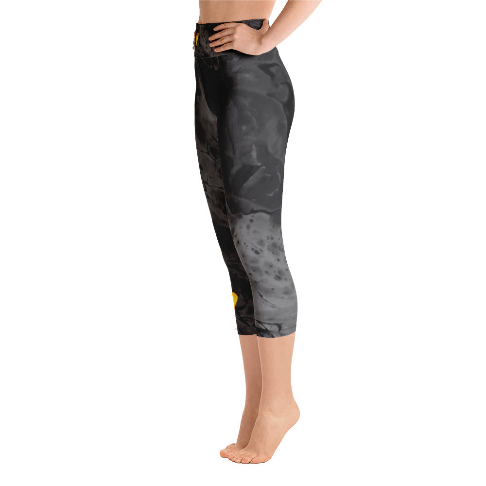 Optimism - Fluid Dark Grey with Yellow Hearts | Women's Fine Art High-Waist Capris