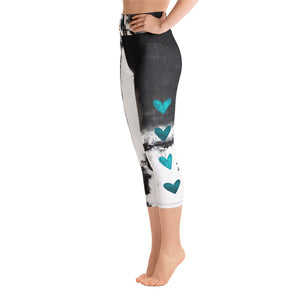 Abstract Woman Black and White with Turquoise Hearts | Women's Fine Art High-Waist Capris