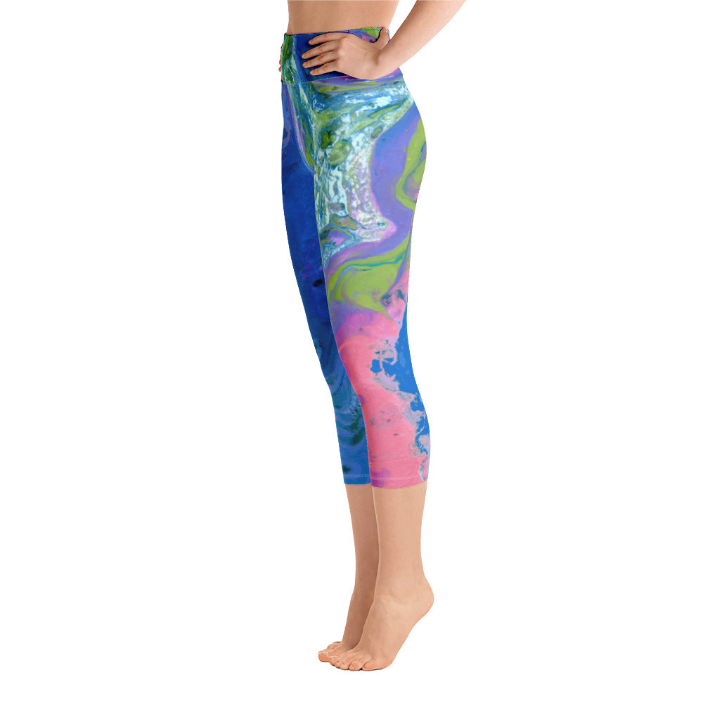 Fluid Coral and Blue | Women's Fine Art High-Waist Capris
