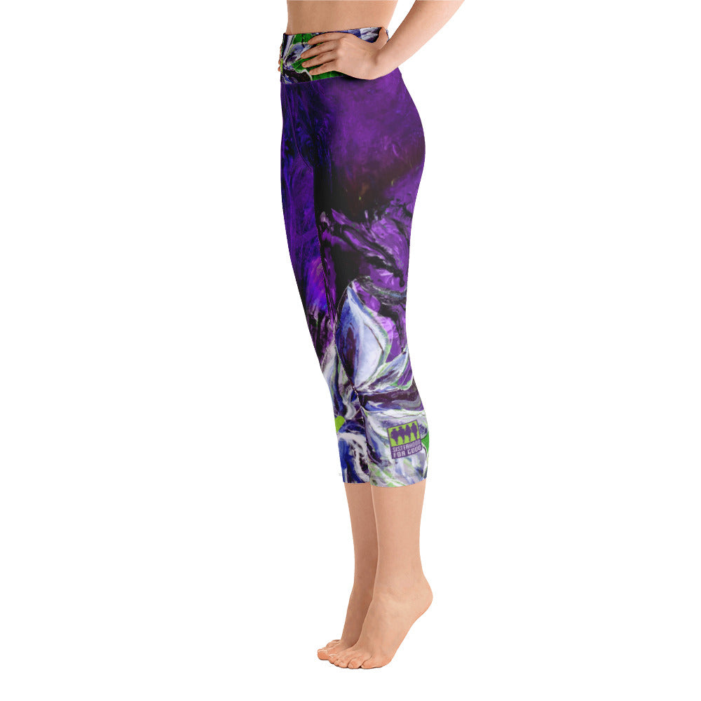 Purple and Green Flowers with Green Hearts SFG | Women's Fine Art High-Waist Capris