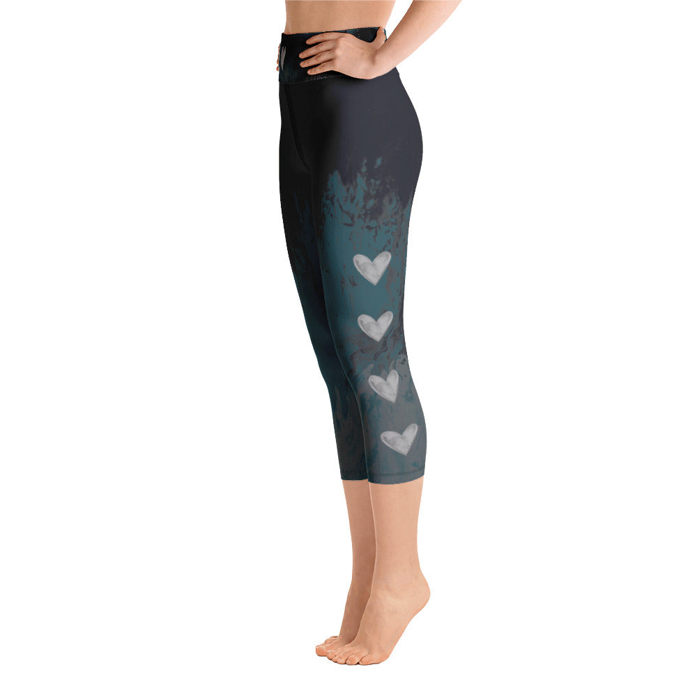 Fluid Mahogany Grey and White with Hearts | Women's Fine Art High-Waist Capris