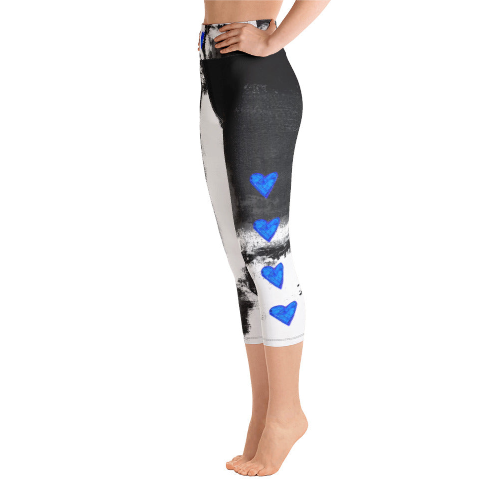 Abstract Woman Black and White with Hearts, Women's Fine Art High-Waist  Capris